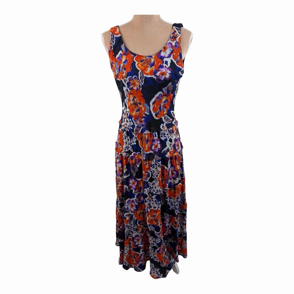 Jones Studio Sz 2 Floral Sleeveless Midi Dress Blue Red Tiered Lined
